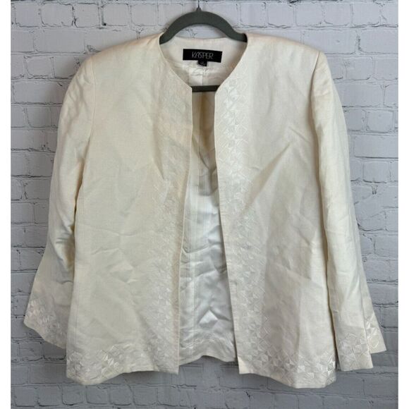 KASPER ivory white linen blend embroidered open front jacket blazer 12 NWOT - Picture 1 of 9